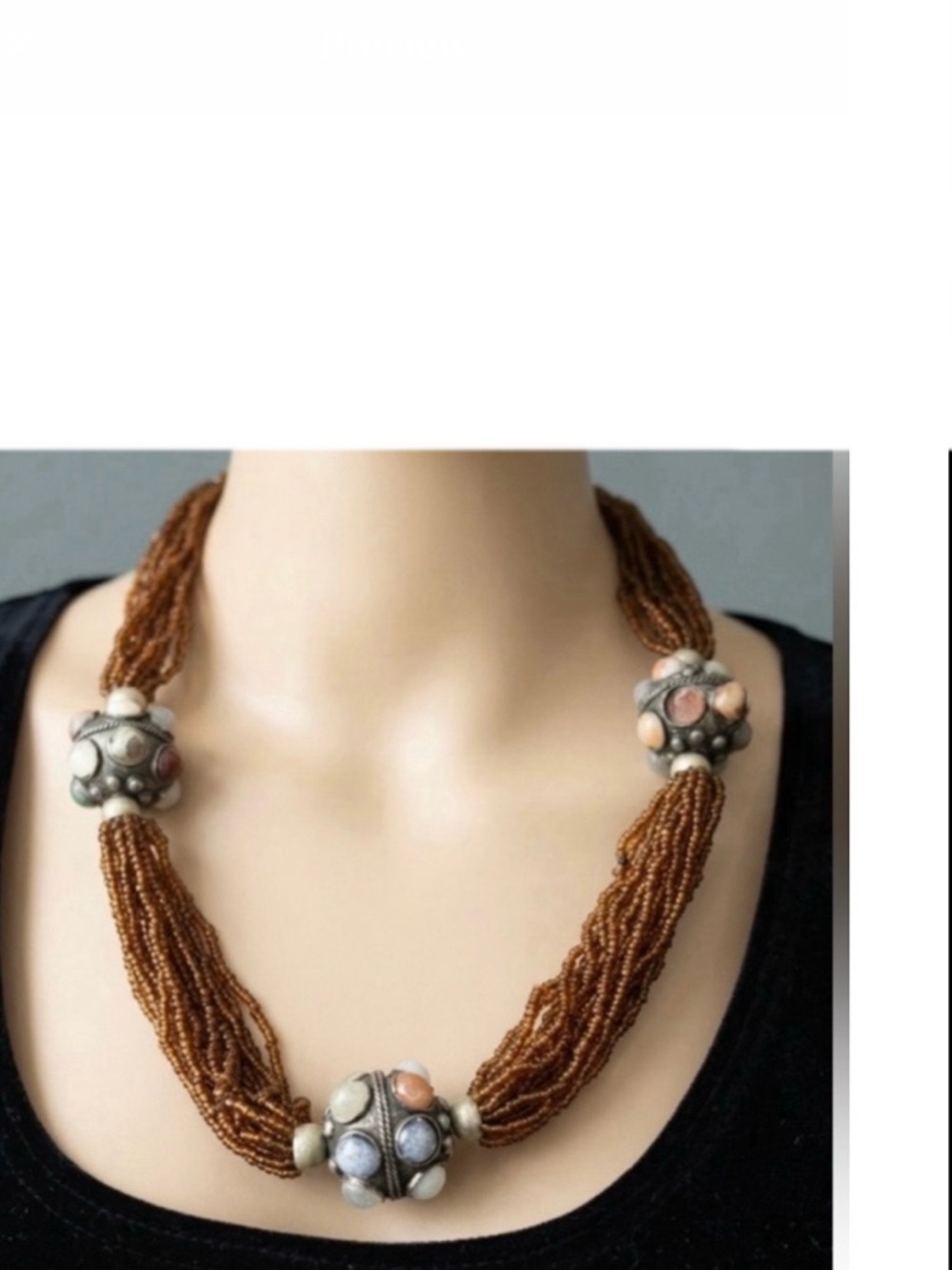 Vintage Artisan Necklace • Semi-Precious Stone Globes & Rust Seed Beads •Museum